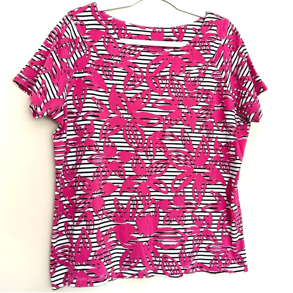 Rafaella Women’s Pink Floral Striped Short Sleeve Tee